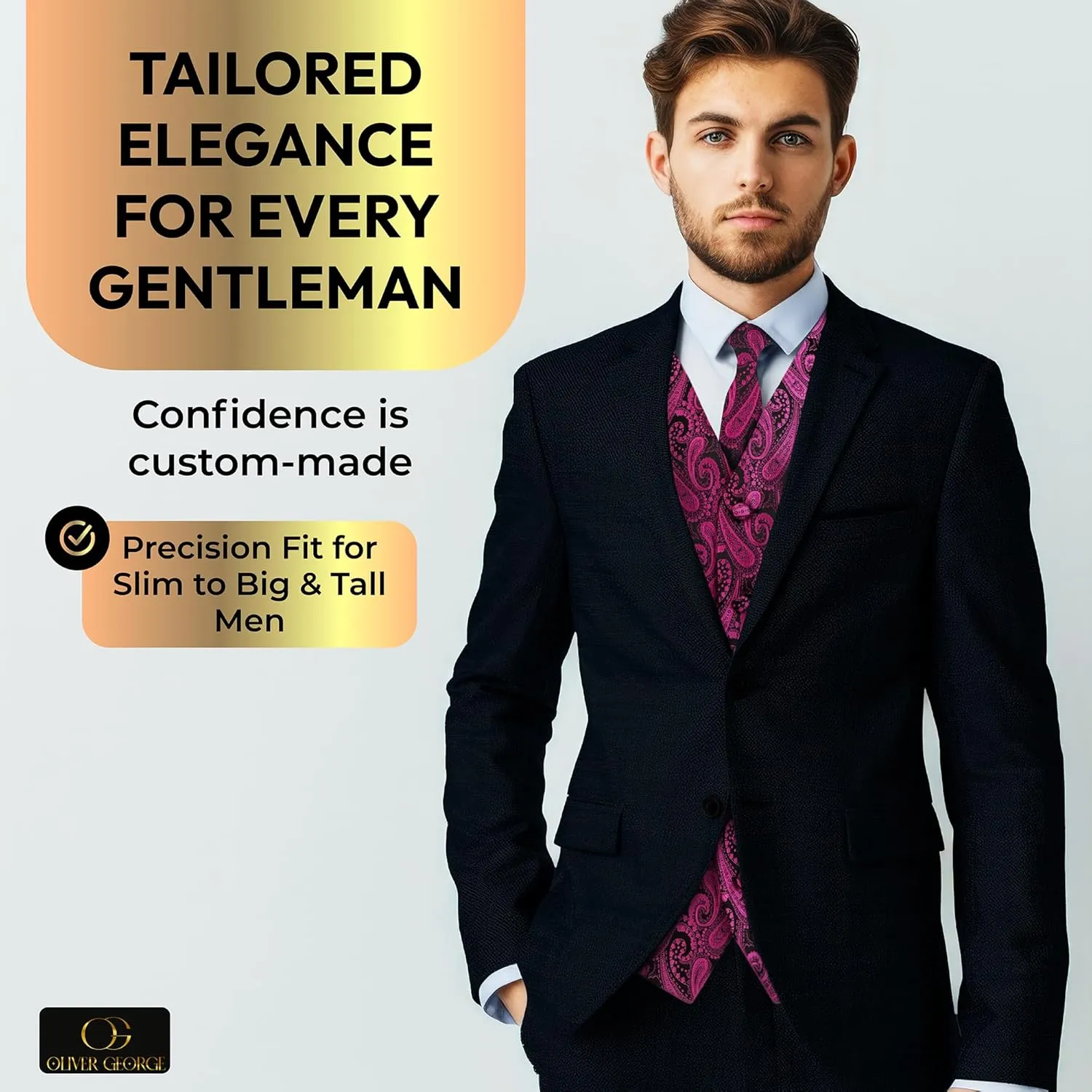 Oliver George Men's 4pc Paisley Design Waistcoat Tuxedo Dress Vest Necktie Bowtie Handkerchief Set for Suit or Tuxedo