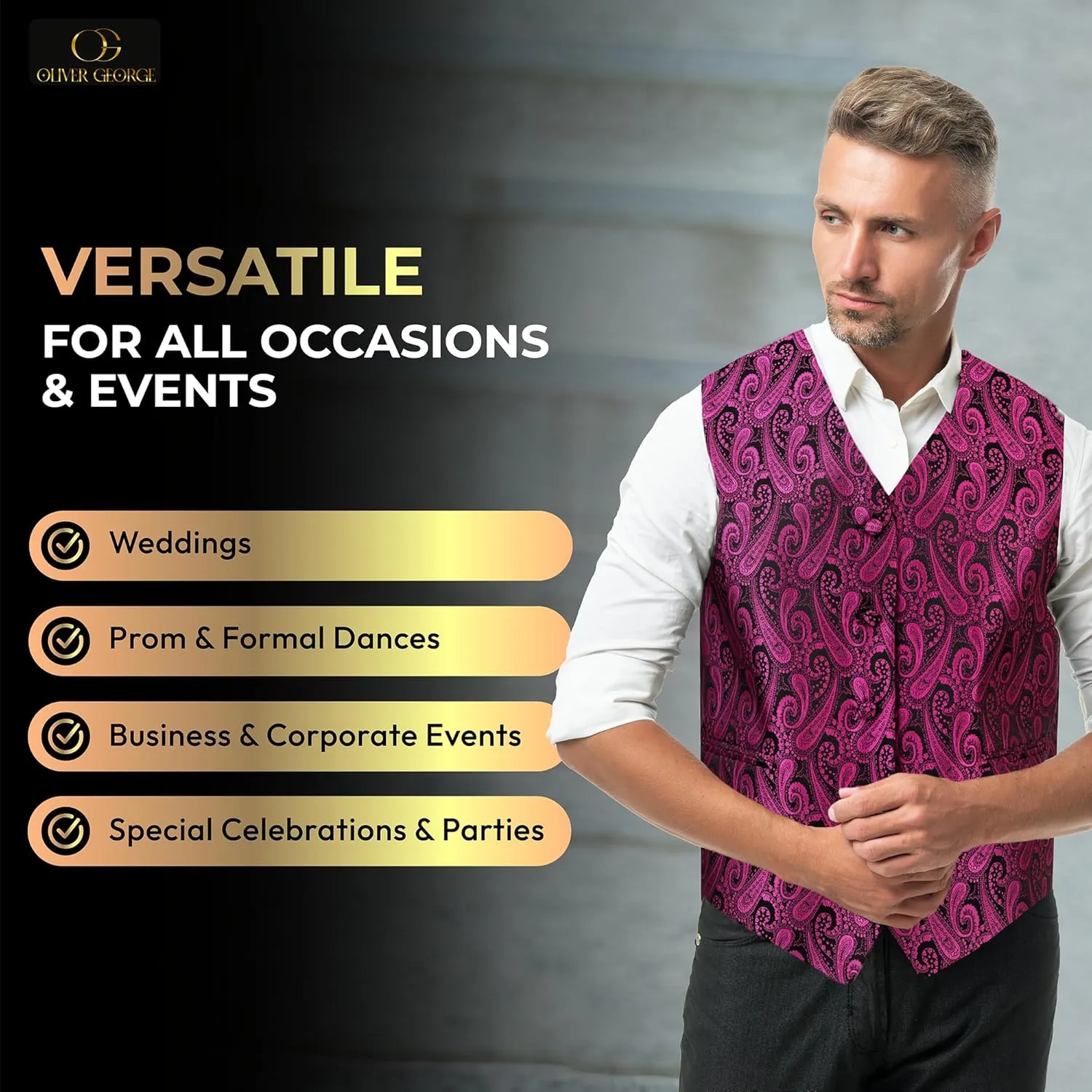 Oliver George Men's 4pc Paisley Design Waistcoat Tuxedo Dress Vest Necktie Bowtie Handkerchief Set for Suit or Tuxedo
