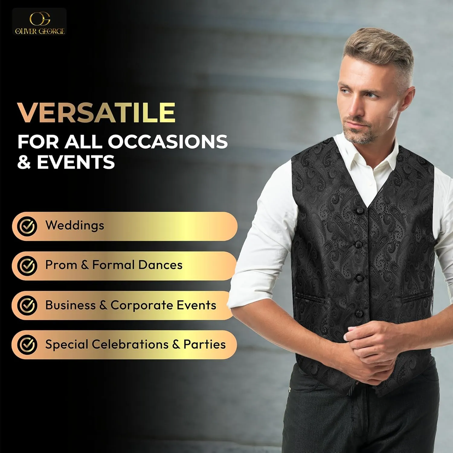 Oliver George Men's 4pc Paisley Design Waistcoat Tuxedo Dress Vest Necktie Bowtie Handkerchief Set for Suit or Tuxedo