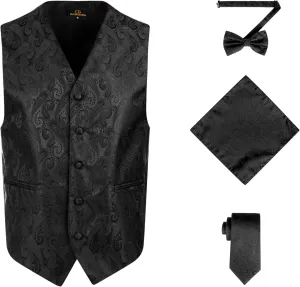 Oliver George Men's 4pc Paisley Design Waistcoat Tuxedo Dress Vest Necktie Bowtie Handkerchief Set for Suit or Tuxedo