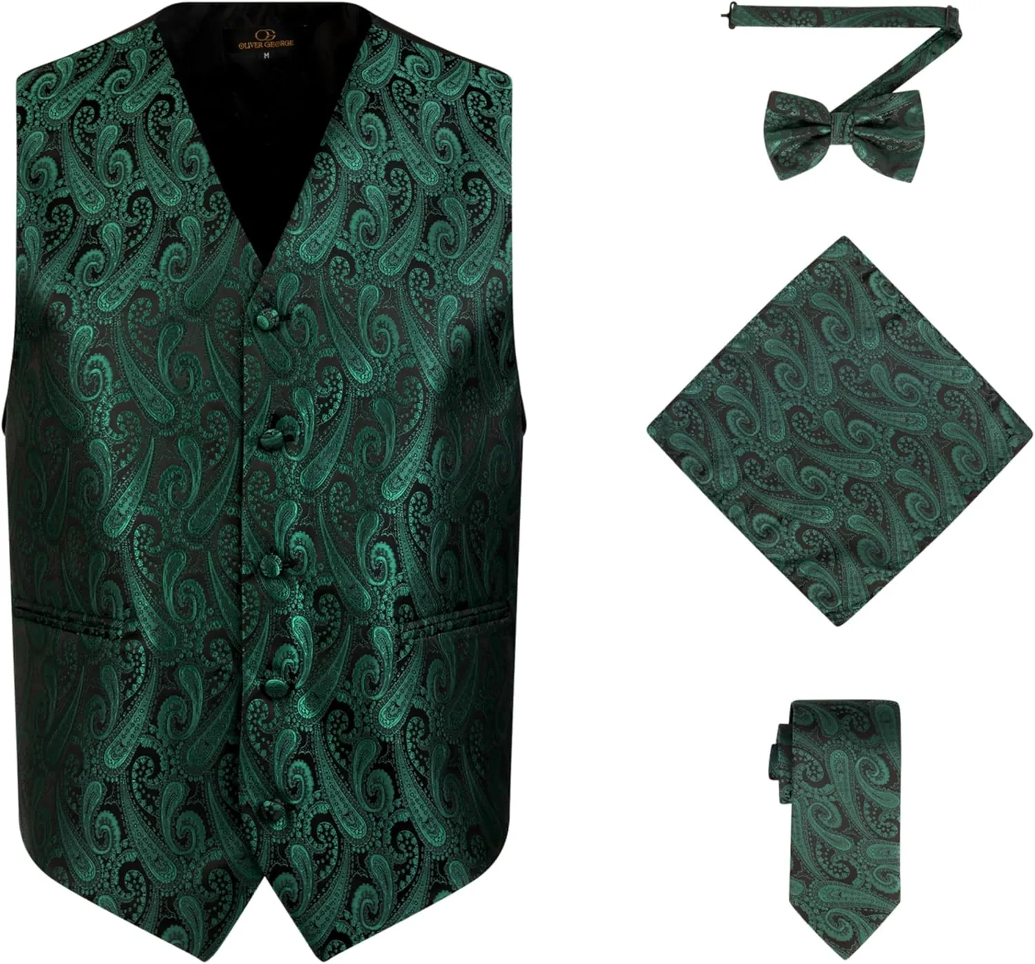 Oliver George Men's 4pc Paisley Design Waistcoat Tuxedo Dress Vest Necktie Bowtie Handkerchief Set for Suit or Tuxedo