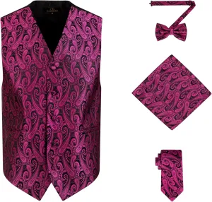 Oliver George Men's 4pc Paisley Design Waistcoat Tuxedo Dress Vest Necktie Bowtie Handkerchief Set for Suit or Tuxedo