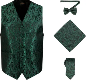 Oliver George Men's 4pc Paisley Design Waistcoat Tuxedo Dress Vest Necktie Bowtie Handkerchief Set for Suit or Tuxedo