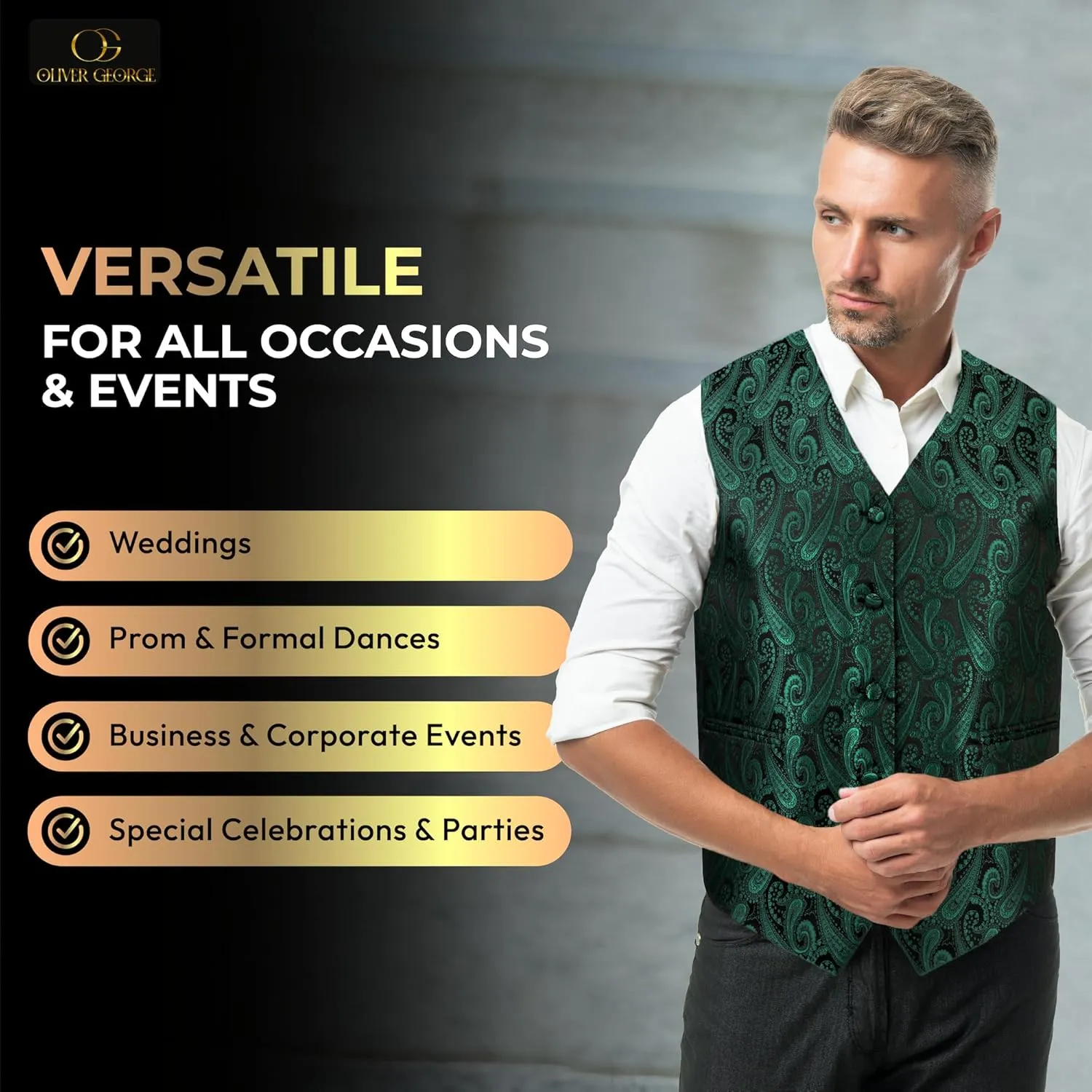 Oliver George Men's 4pc Paisley Design Waistcoat Tuxedo Dress Vest Necktie Bowtie Handkerchief Set for Suit or Tuxedo