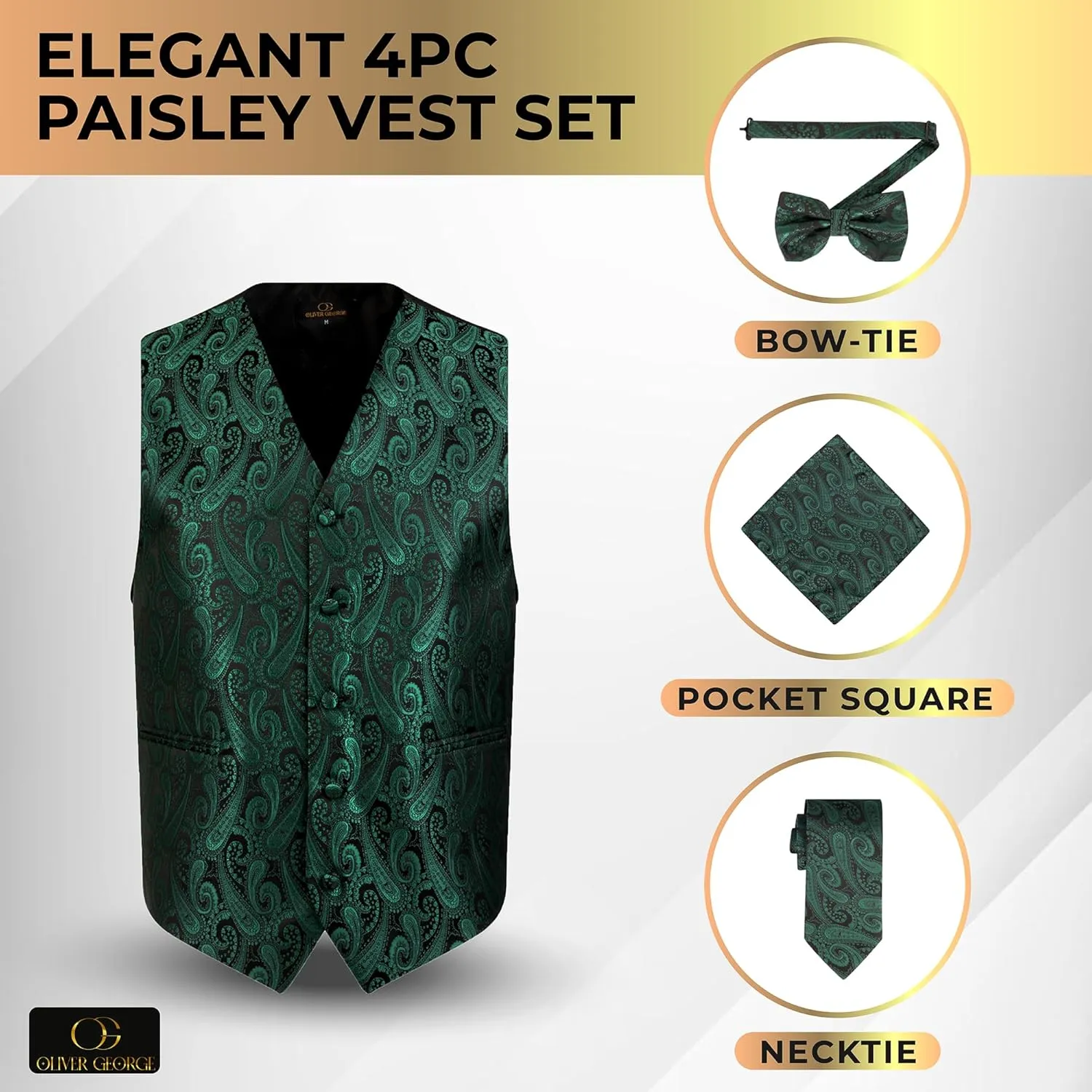 Oliver George Men's 4pc Paisley Design Waistcoat Tuxedo Dress Vest Necktie Bowtie Handkerchief Set for Suit or Tuxedo
