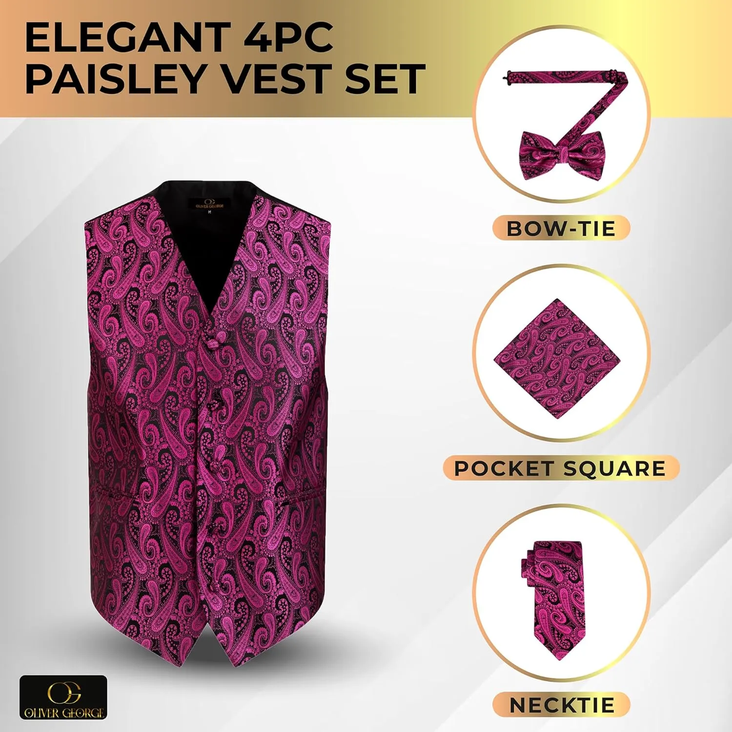Oliver George Men's 4pc Paisley Design Waistcoat Tuxedo Dress Vest Necktie Bowtie Handkerchief Set for Suit or Tuxedo