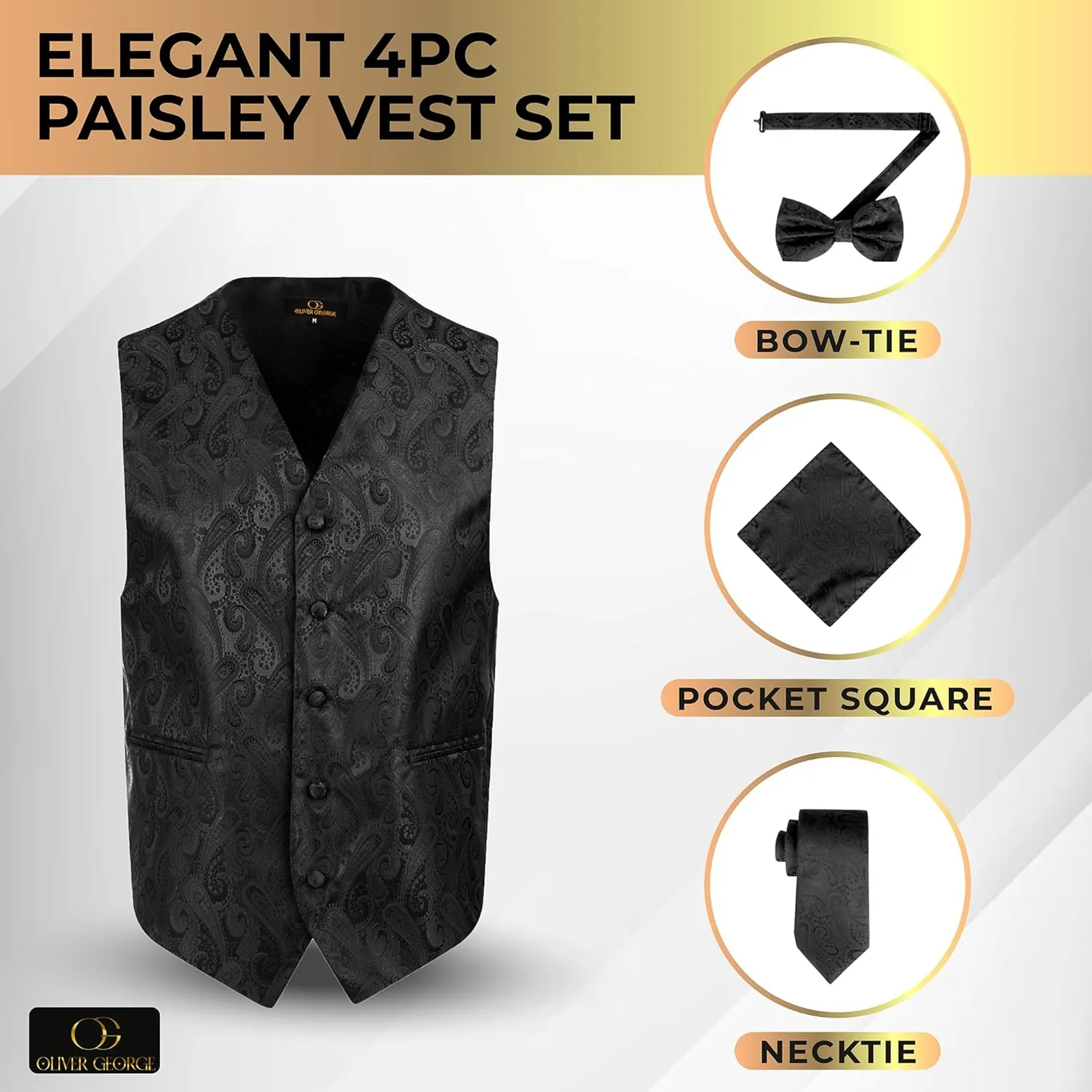 Oliver George Men's 4pc Paisley Design Waistcoat Tuxedo Dress Vest Necktie Bowtie Handkerchief Set for Suit or Tuxedo