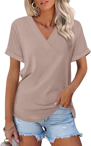 ORANDESIGNE Women's Short Sleeve V Neck Tops Casual Summer T Shirts Ladies Basic Tees