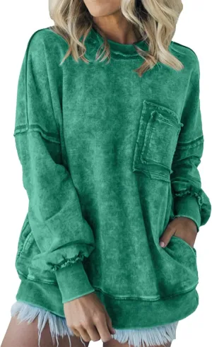 Oversized Acid Wash T Shirts Long Sleeve for Women,Vintage Crew Neck Oversized Sweatshirt, with Pocket