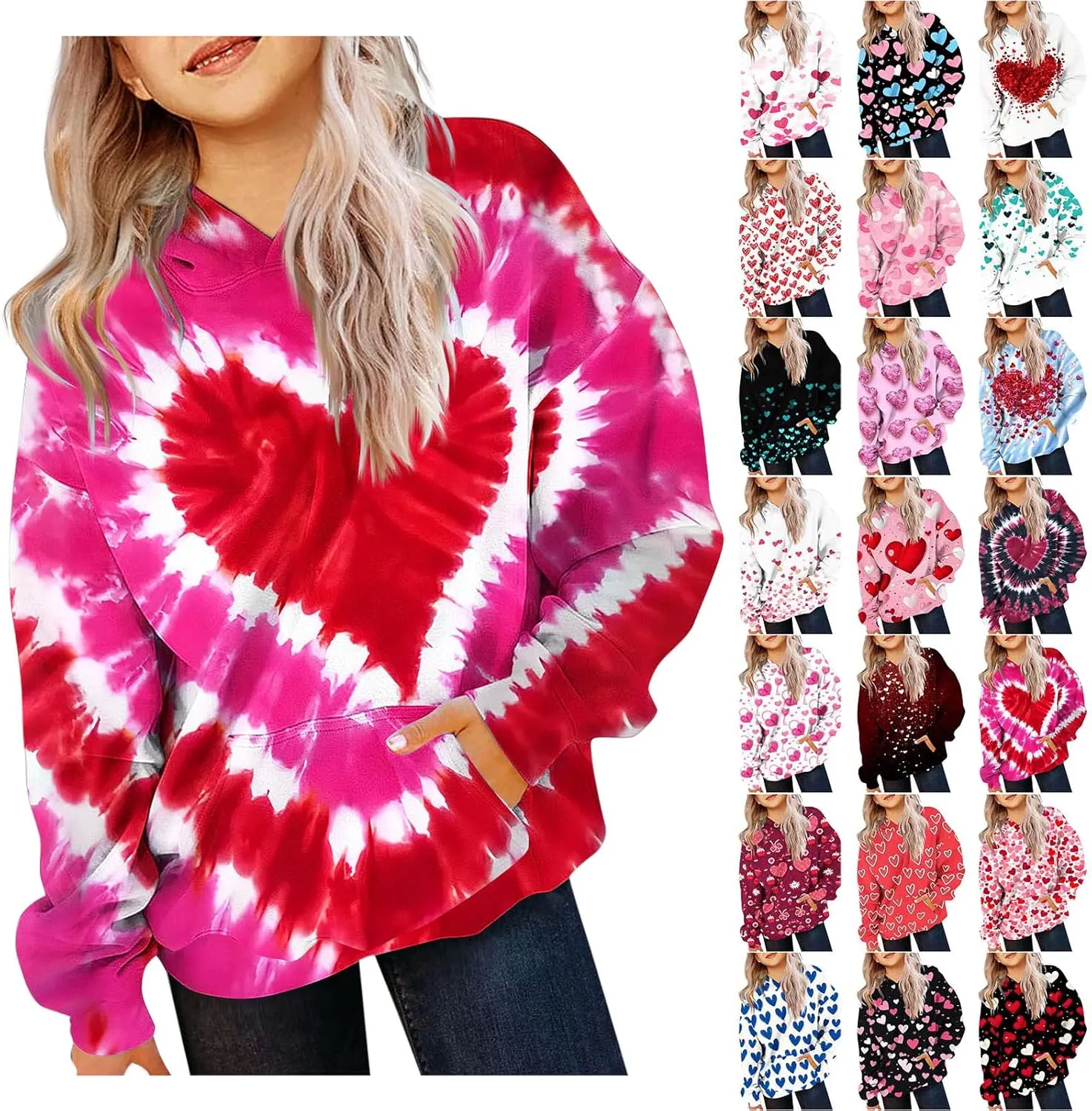 Oversized Hoodies For Teen Girl Cute Heart Graphic Pullover Tops Long Sleeve Hooded Girls Valentines Outfits Clothes