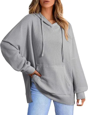 Oversized Hoodies for Women Waffle Hem Slit Drawstring Long Sleeve Sweatshirt Loose Lightweight Pullover with Pocket