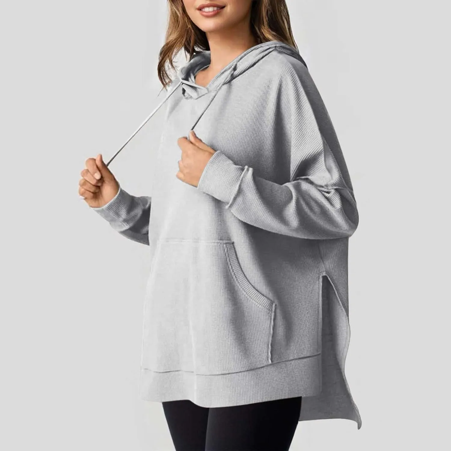Oversized Hoodies for Women Waffle Hem Slit Drawstring Long Sleeve Sweatshirt Loose Lightweight Pullover with Pocket