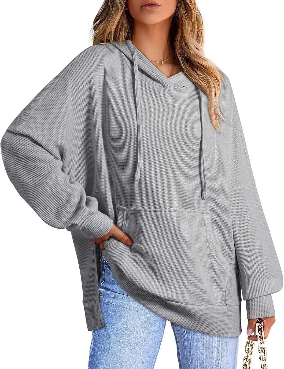 Oversized Hoodies for Women Waffle Hem Slit Drawstring Long Sleeve Sweatshirt Loose Lightweight Pullover with Pocket