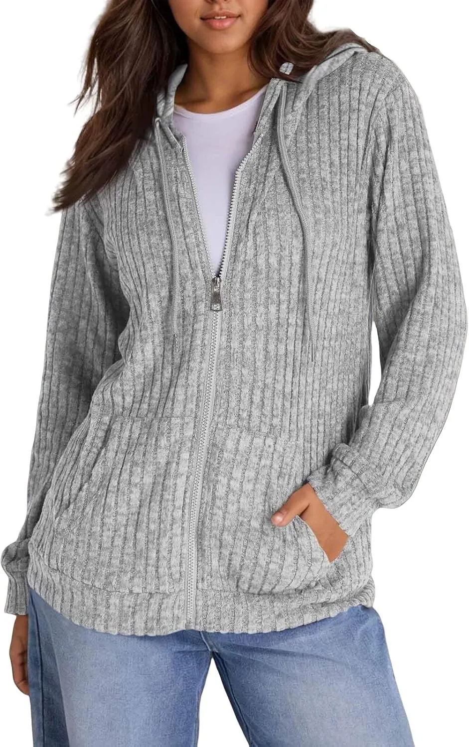 Oversized Zip Up Hoodie for Women Ribbed Chucky Knit Sweater Hoodie Lightweight Long Sleeve Shirt Tops with Pocket
