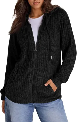 Oversized Zip Up Hoodie for Women Ribbed Chucky Knit Sweater Hoodie Lightweight Long Sleeve Shirt Tops with Pocket