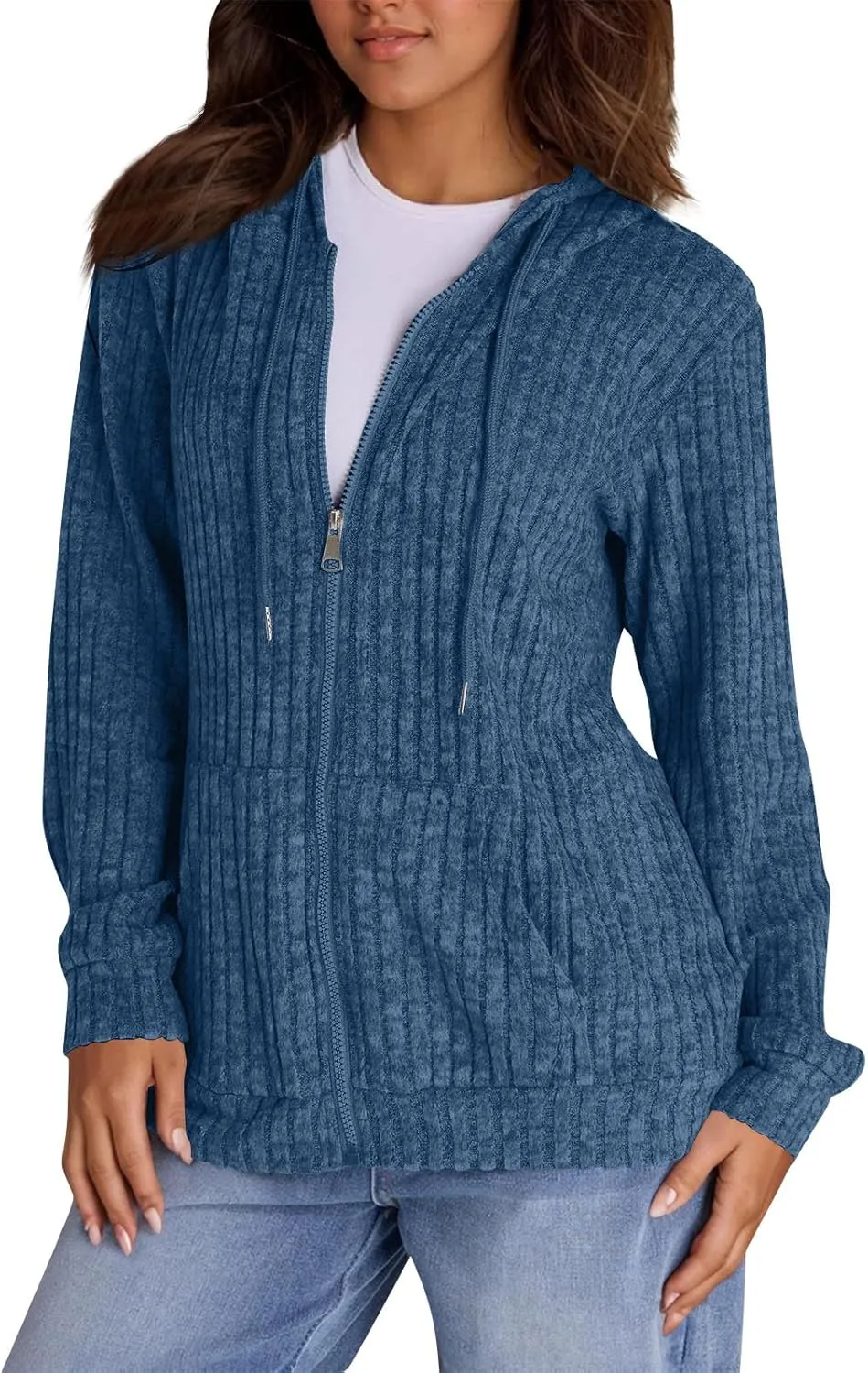 Oversized Zip Up Hoodie for Women Ribbed Chucky Knit Sweater Hoodie Lightweight Long Sleeve Shirt Tops with Pocket
