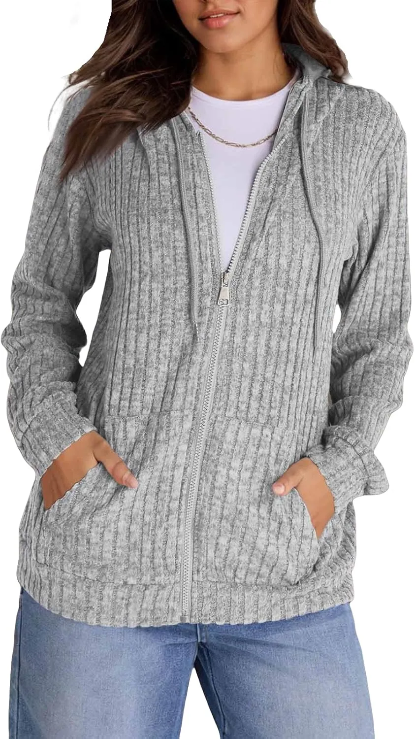 Oversized Zip Up Hoodie for Women Ribbed Chucky Knit Sweater Hoodie Lightweight Long Sleeve Shirt Tops with Pocket