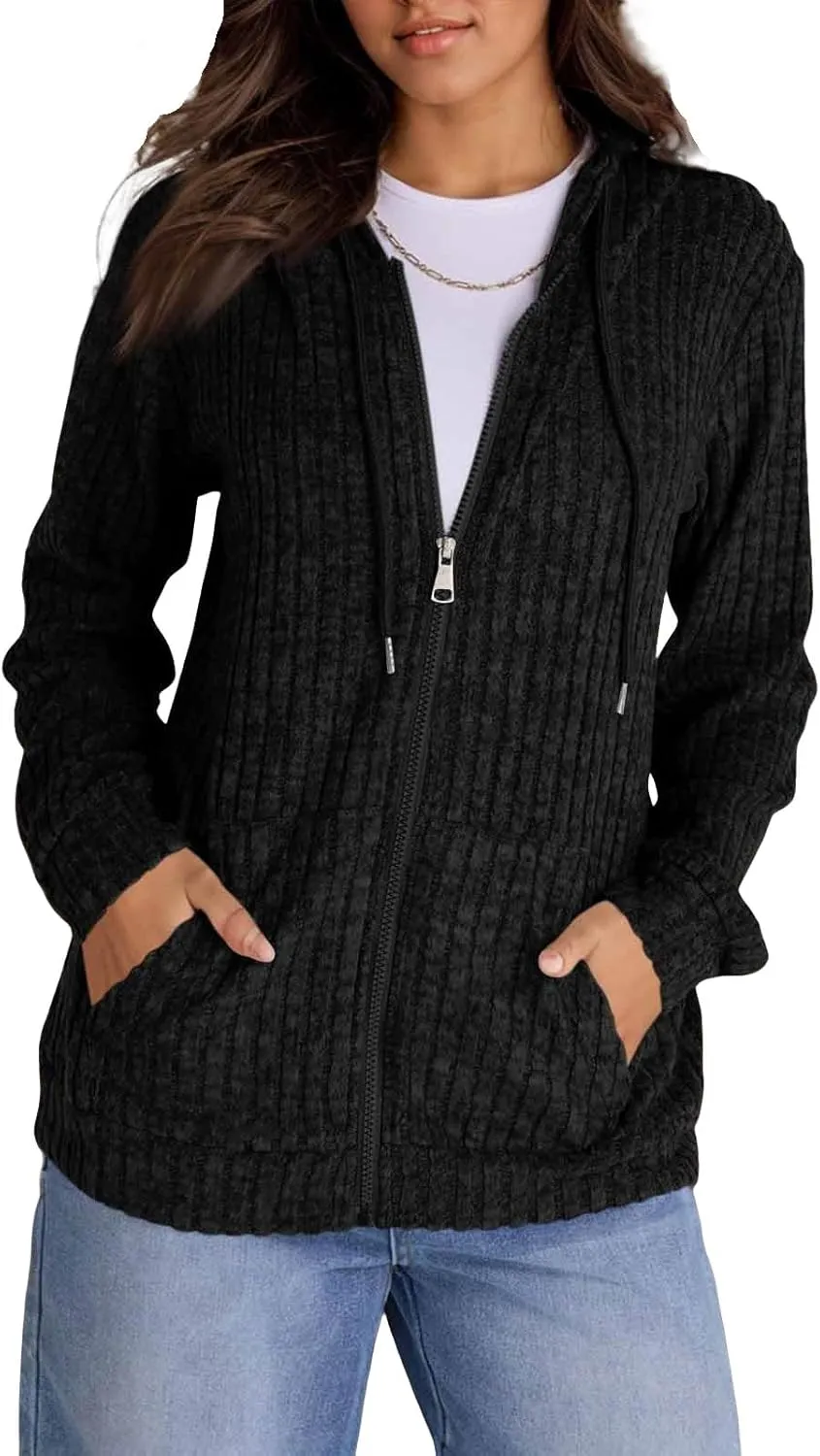 Oversized Zip Up Hoodie for Women Ribbed Chucky Knit Sweater Hoodie Lightweight Long Sleeve Shirt Tops with Pocket