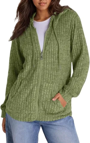 Oversized Zip Up Hoodie for Women Ribbed Chucky Knit Sweater Hoodie Lightweight Long Sleeve Shirt Tops with Pocket