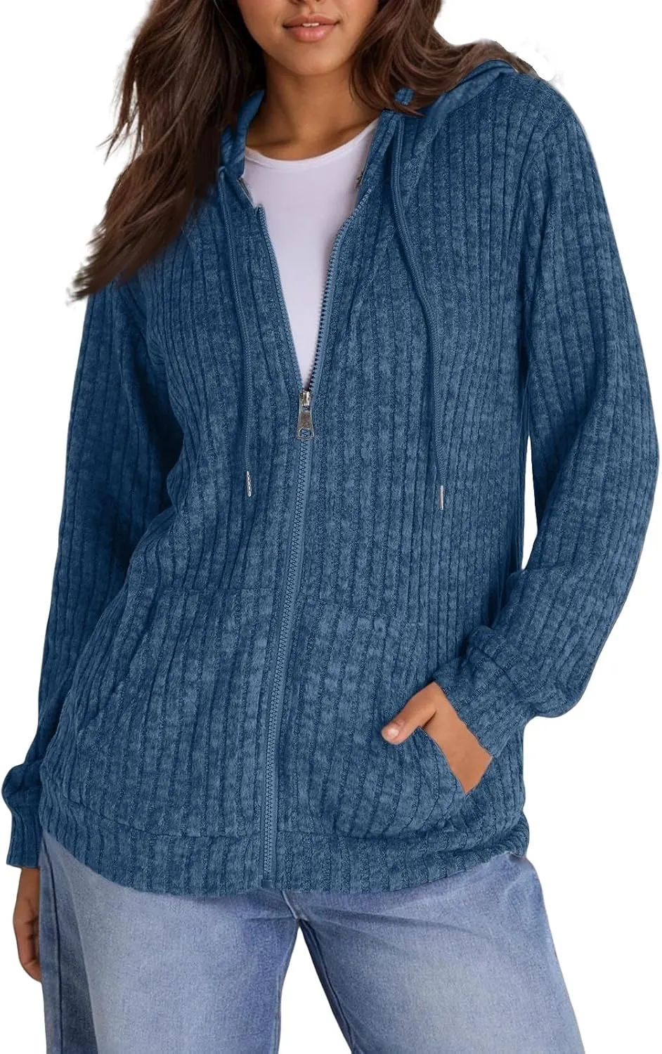Oversized Zip Up Hoodie for Women Ribbed Chucky Knit Sweater Hoodie Lightweight Long Sleeve Shirt Tops with Pocket
