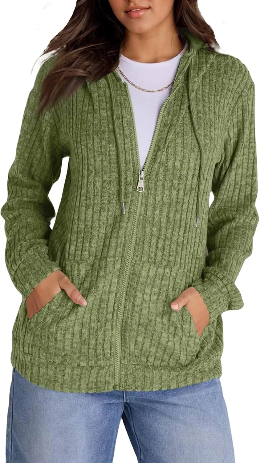Oversized Zip Up Hoodie for Women Ribbed Chucky Knit Sweater Hoodie Lightweight Long Sleeve Shirt Tops with Pocket