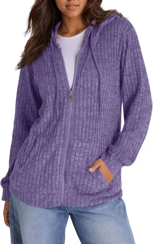Oversized Zip Up Hoodie for Women Ribbed Chucky Knit Sweater Hoodie Lightweight Long Sleeve Shirt Tops with Pocket