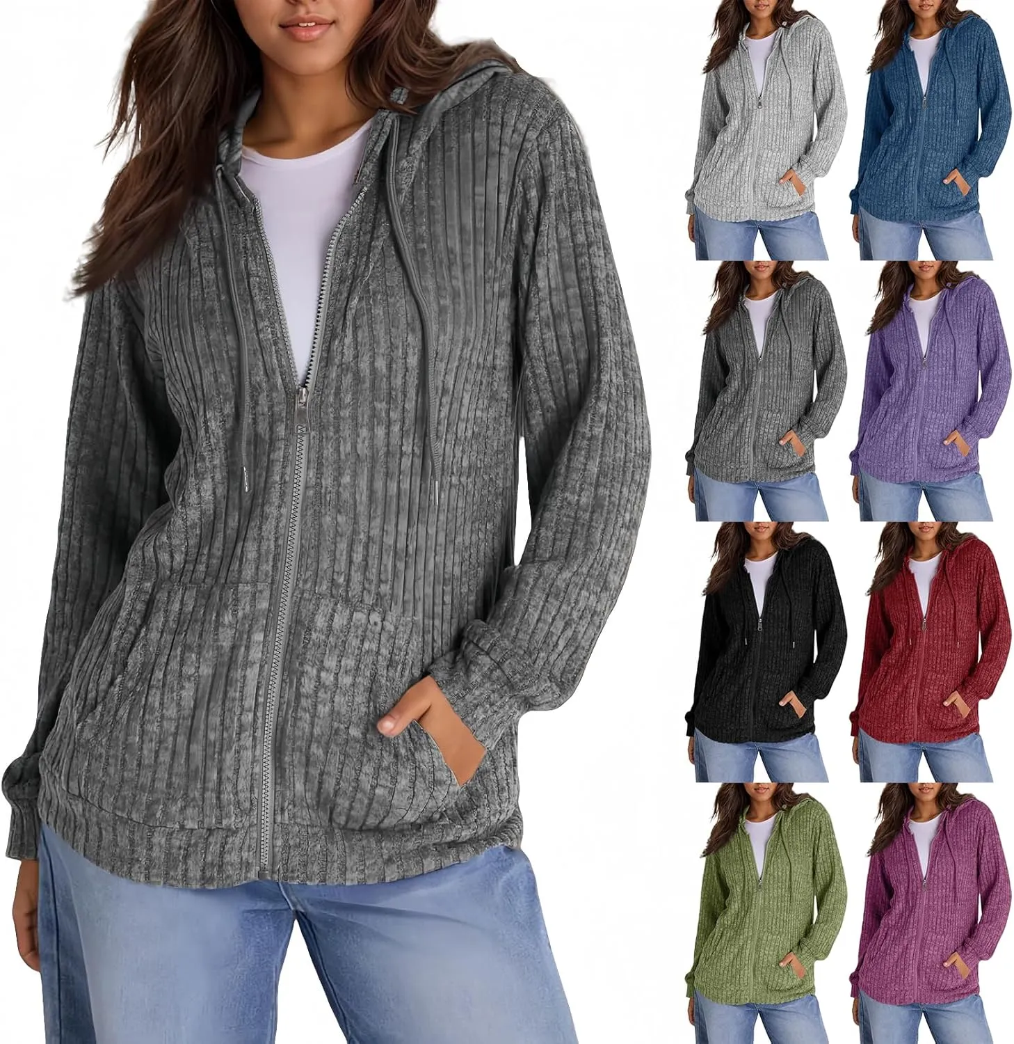 Oversized Zip Up Hoodie for Women Ribbed Chucky Knit Sweater Hoodie Lightweight Long Sleeve Shirt Tops with Pocket