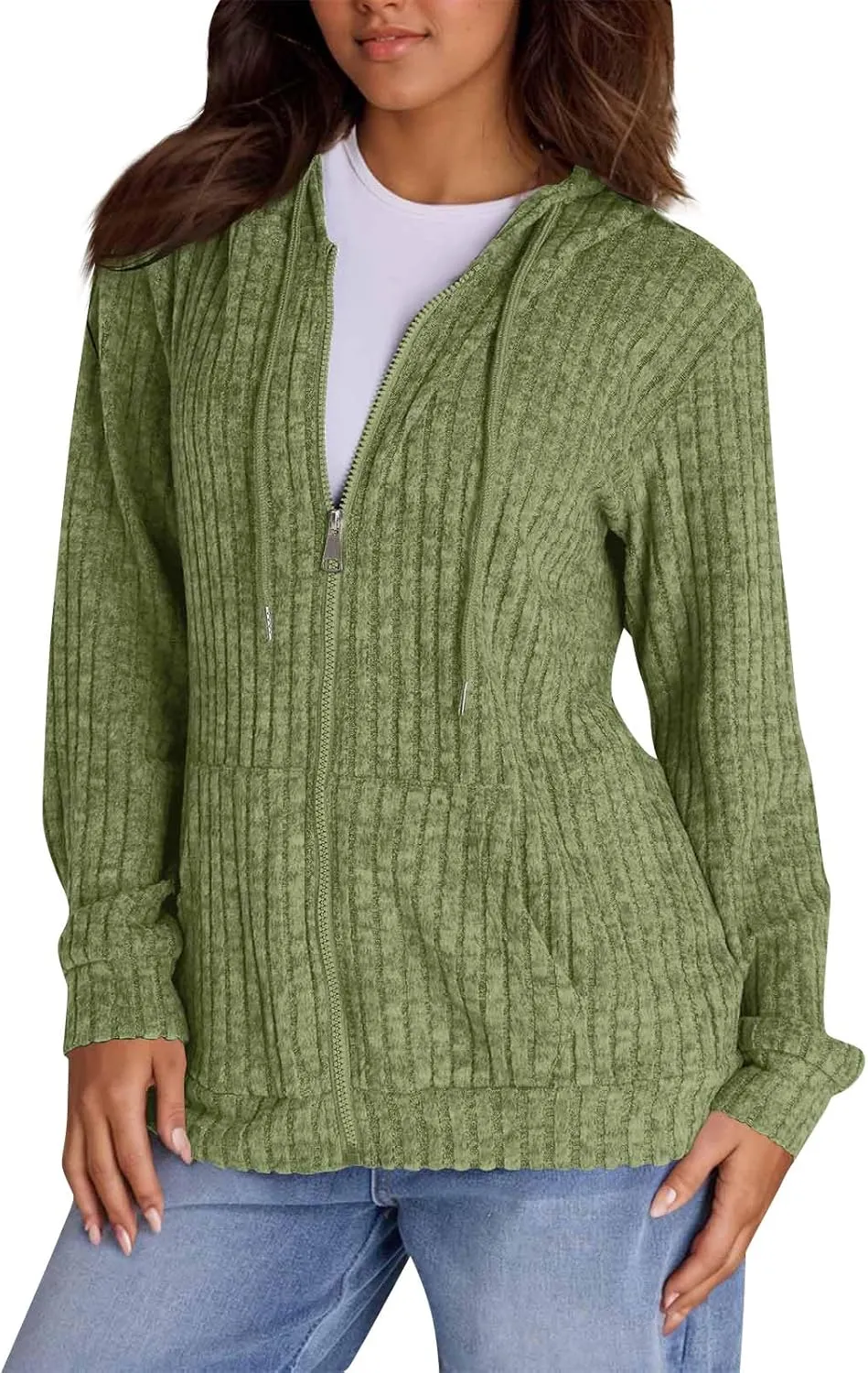 Oversized Zip Up Hoodie for Women Ribbed Chucky Knit Sweater Hoodie Lightweight Long Sleeve Shirt Tops with Pocket