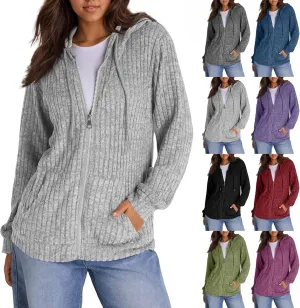 Oversized Zip Up Hoodie for Women Ribbed Chucky Knit Sweater Hoodie Lightweight Long Sleeve Shirt Tops with Pocket