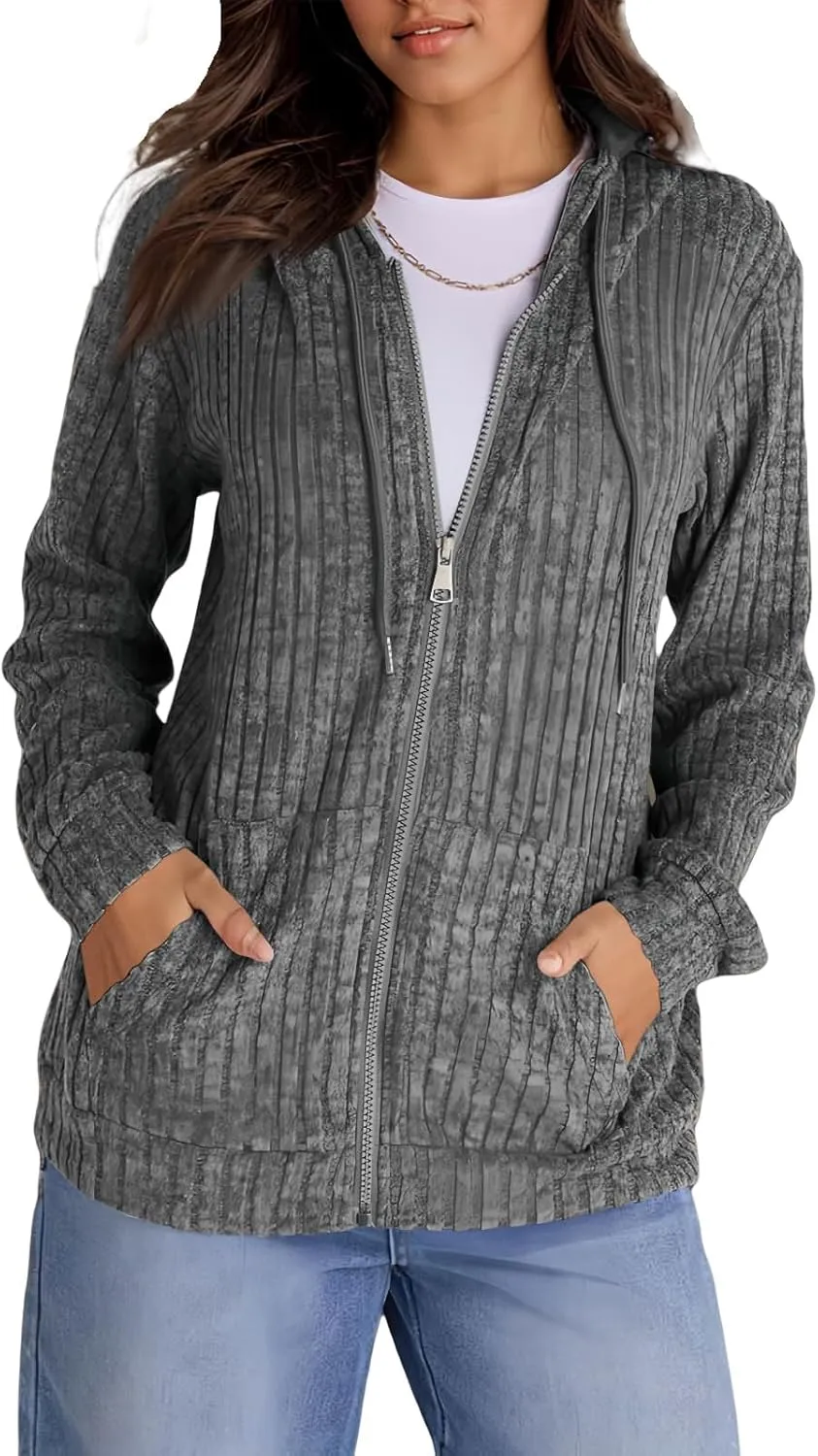 Oversized Zip Up Hoodie for Women Ribbed Chucky Knit Sweater Hoodie Lightweight Long Sleeve Shirt Tops with Pocket