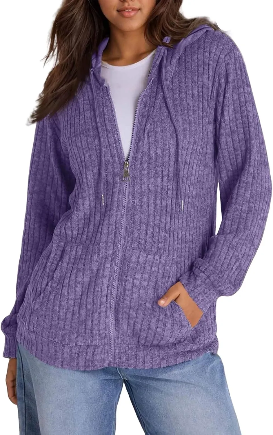 Oversized Zip Up Hoodie for Women Ribbed Chucky Knit Sweater Hoodie Lightweight Long Sleeve Shirt Tops with Pocket