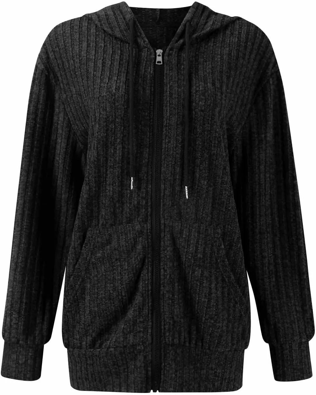Oversized Zip Up Hoodie for Women Ribbed Chucky Knit Sweater Hoodie Lightweight Long Sleeve Shirt Tops with Pocket