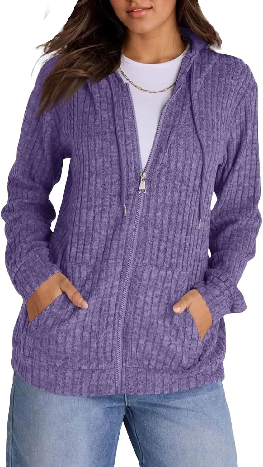Oversized Zip Up Hoodie for Women Ribbed Chucky Knit Sweater Hoodie Lightweight Long Sleeve Shirt Tops with Pocket
