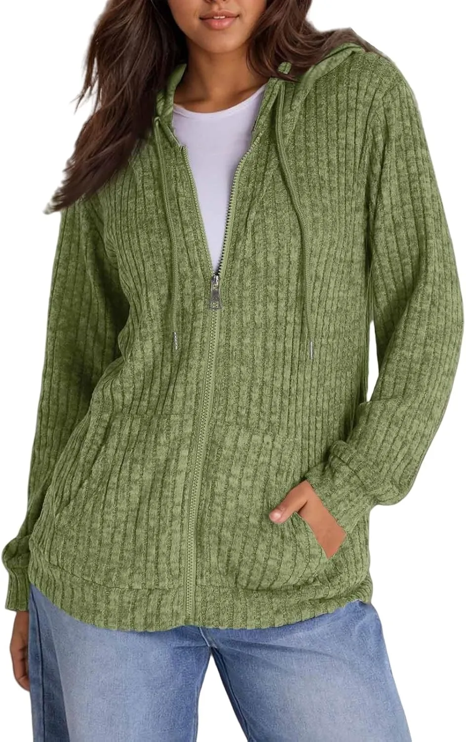 Oversized Zip Up Hoodie for Women Ribbed Chucky Knit Sweater Hoodie Lightweight Long Sleeve Shirt Tops with Pocket