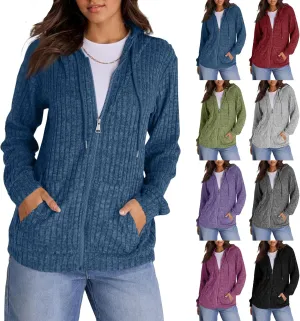 Oversized Zip Up Hoodie for Women Ribbed Chucky Knit Sweater Hoodie Lightweight Long Sleeve Shirt Tops with Pocket