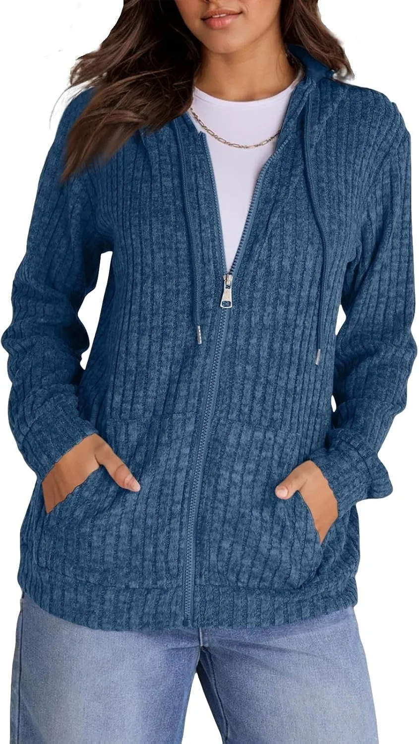 Oversized Zip Up Hoodie for Women Ribbed Chucky Knit Sweater Hoodie Lightweight Long Sleeve Shirt Tops with Pocket