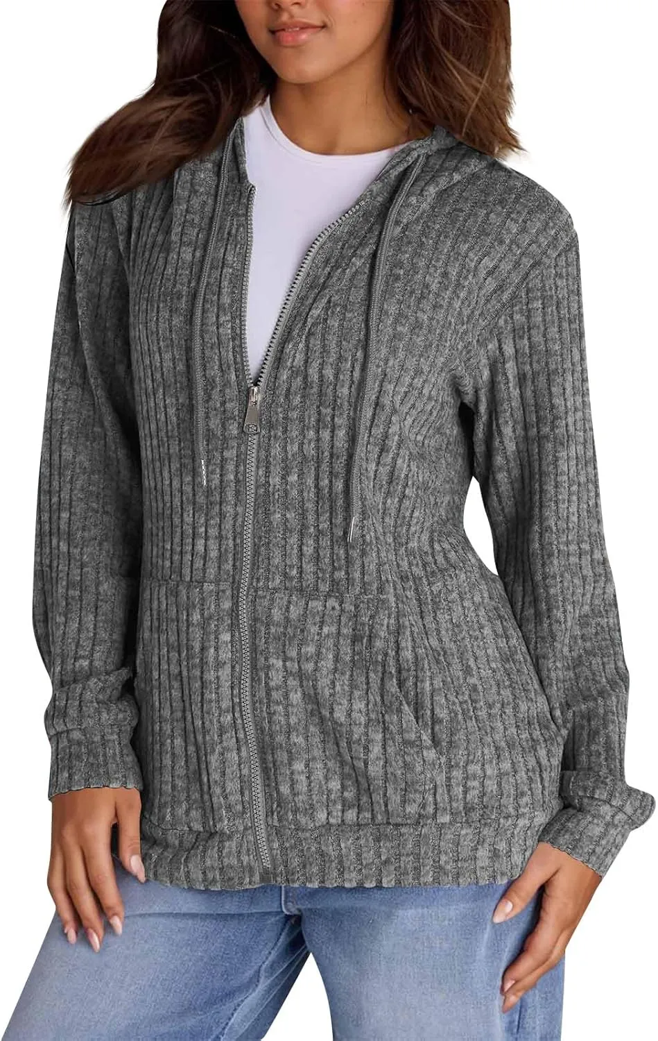 Oversized Zip Up Hoodie for Women Ribbed Chucky Knit Sweater Hoodie Lightweight Long Sleeve Shirt Tops with Pocket