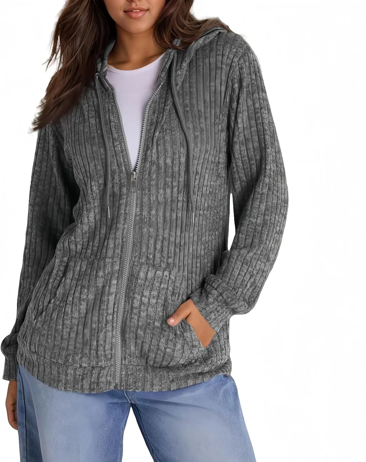 Oversized Zip Up Hoodie for Women Ribbed Chucky Knit Sweater Hoodie Lightweight Long Sleeve Shirt Tops with Pocket