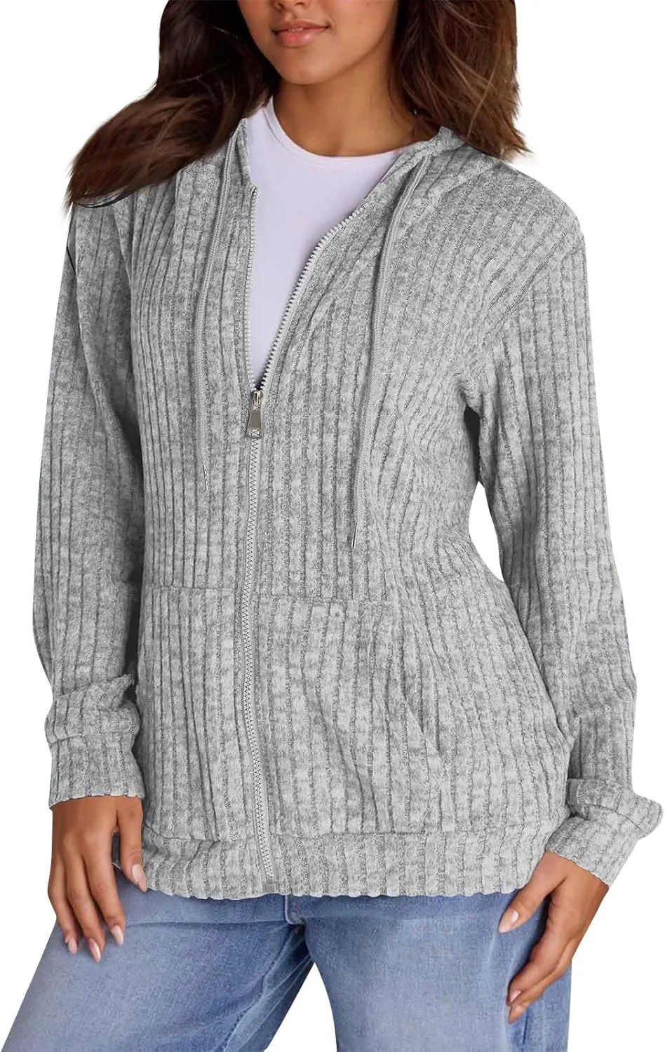 Oversized Zip Up Hoodie for Women Ribbed Chucky Knit Sweater Hoodie Lightweight Long Sleeve Shirt Tops with Pocket