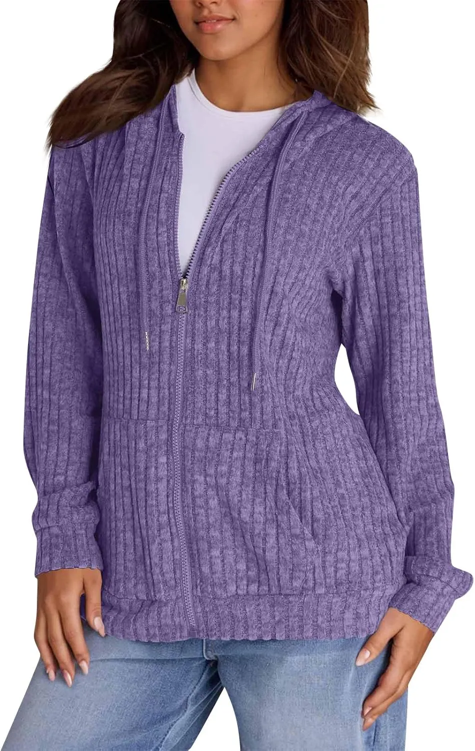 Oversized Zip Up Hoodie for Women Ribbed Chucky Knit Sweater Hoodie Lightweight Long Sleeve Shirt Tops with Pocket