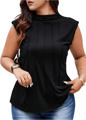 OYOANGLE Women's Plus Size Mock Neck Cap Sleeve T-Shirts Pleated Tee Shirt Summer Tops