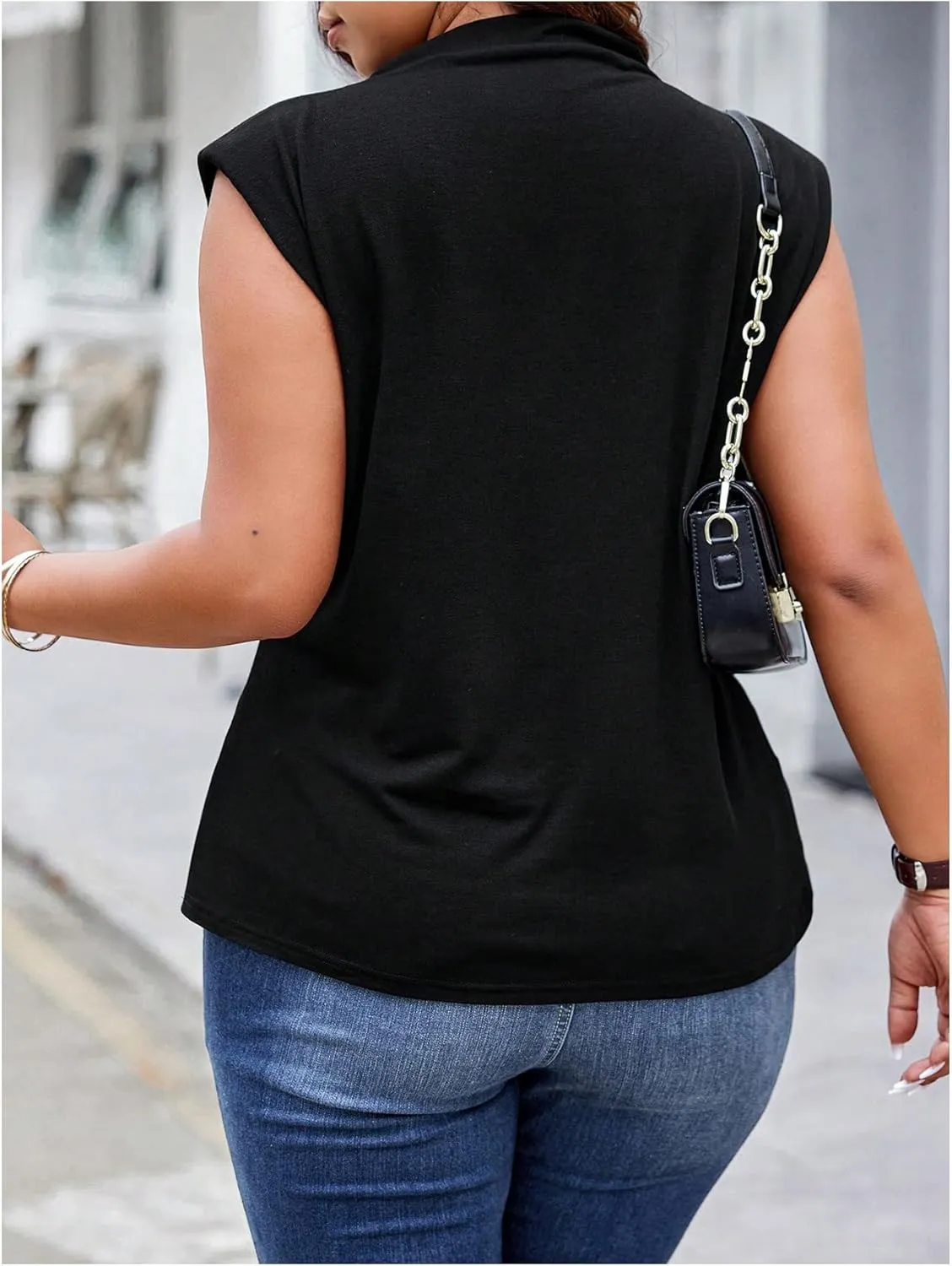 OYOANGLE Women's Plus Size Mock Neck Cap Sleeve T-Shirts Pleated Tee Shirt Summer Tops