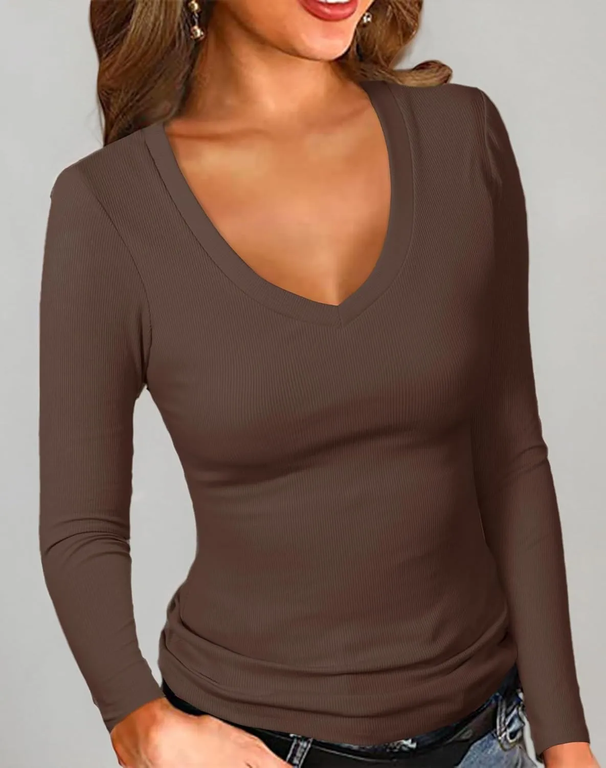 PALINDA Women's Ribbed V Neck Slim Fitted T Shirts Basic Solid Long Sleeve Layering Tee Tops