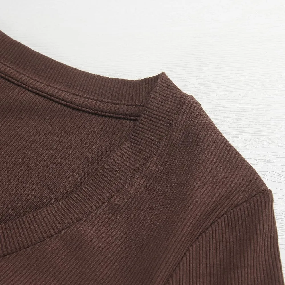 PALINDA Women's Ribbed V Neck Slim Fitted T Shirts Basic Solid Long Sleeve Layering Tee Tops