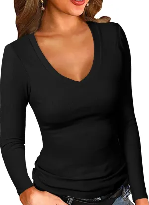 PALINDA Women's Ribbed V Neck Slim Fitted T Shirts Basic Solid Long Sleeve Layering Tee Tops