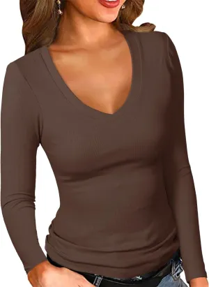 PALINDA Women's Ribbed V Neck Slim Fitted T Shirts Basic Solid Long Sleeve Layering Tee Tops