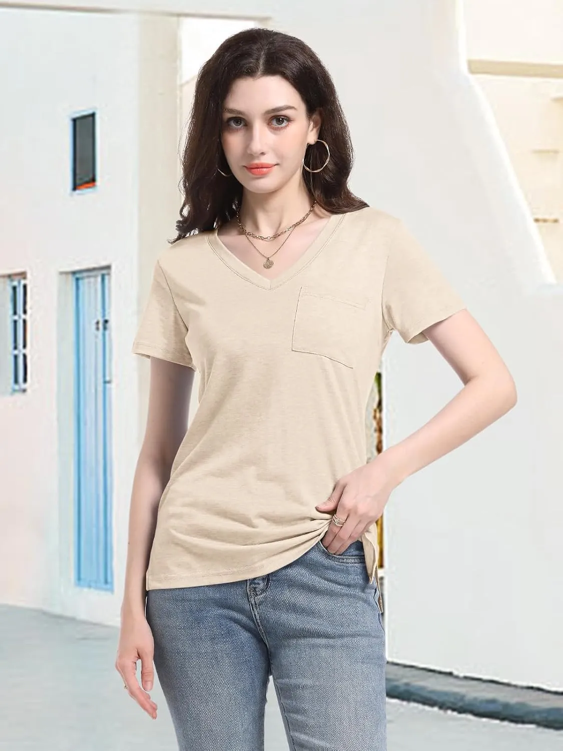PGANDS Women's Summer Tops V Neck Short Sleeve T Shirts Casual Basic Loose Fit Tee