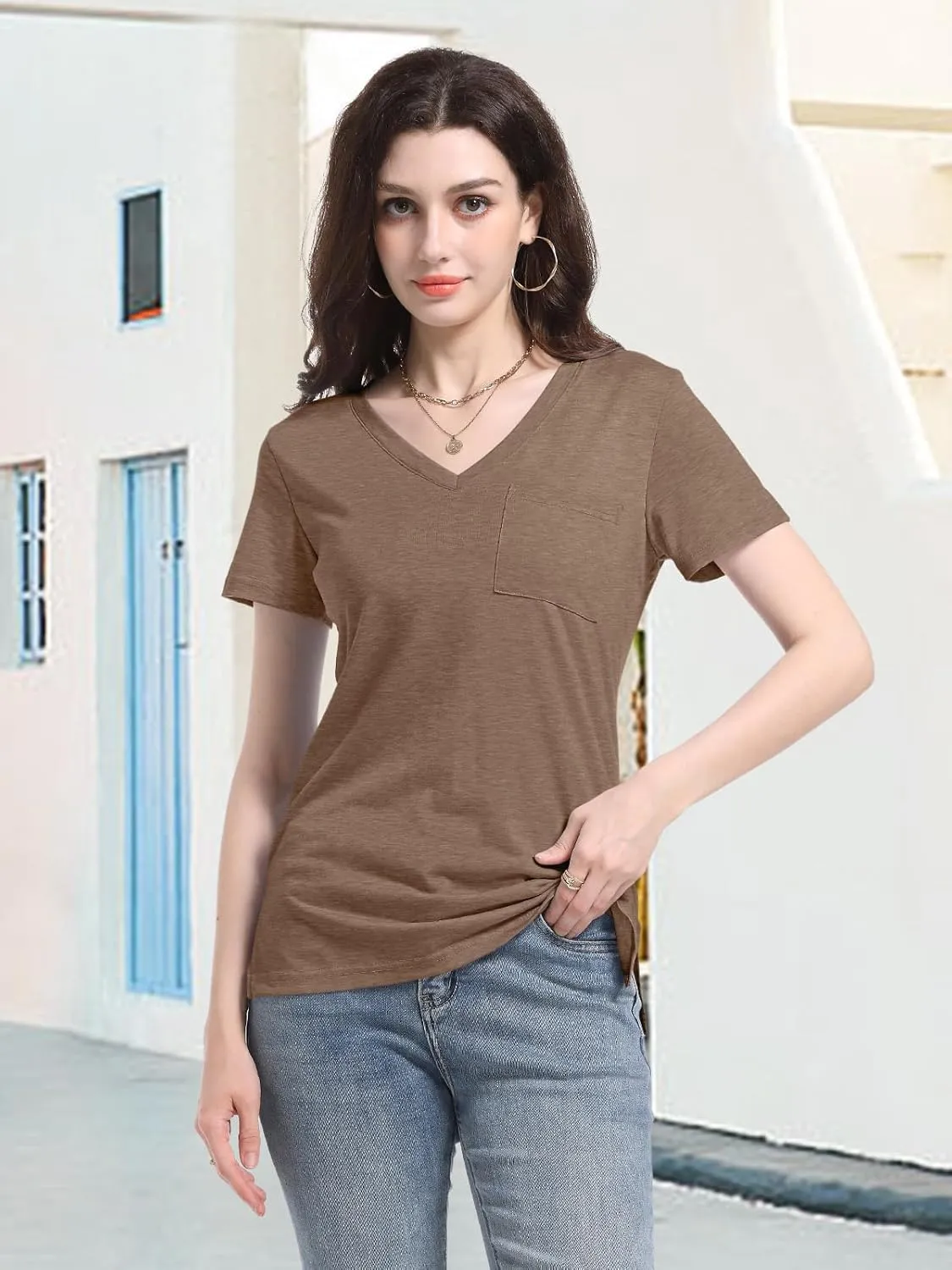 PGANDS Women's Summer Tops V Neck Short Sleeve T Shirts Casual Basic Loose Fit Tee