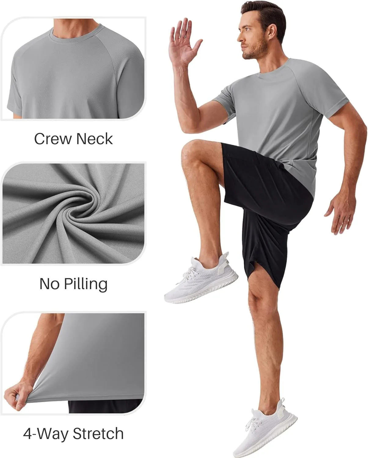 PINSPARK 5 Pack Gym Workout Shirts for Men Short Sleeve Moisture Wicking Athletic Tshirts Multipack Plain Crewneck Tees Shirt