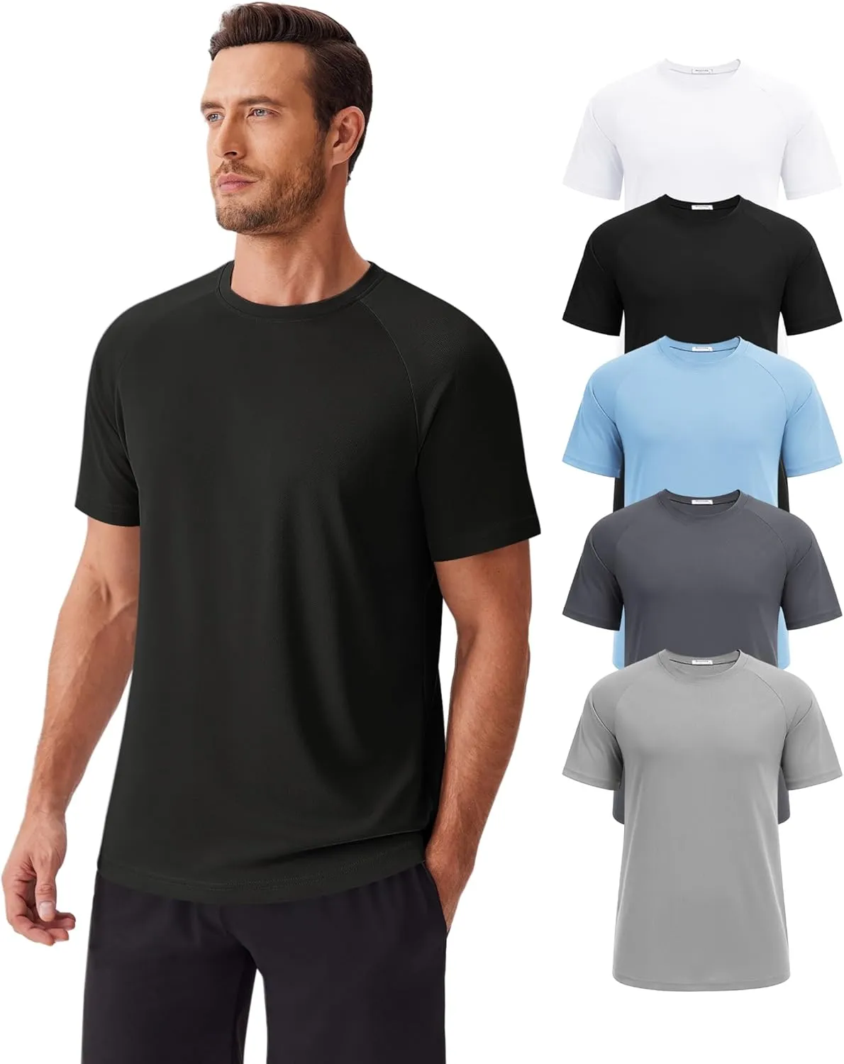 PINSPARK 5 Pack Gym Workout Shirts for Men Short Sleeve Moisture Wicking Athletic Tshirts Multipack Plain Crewneck Tees Shirt